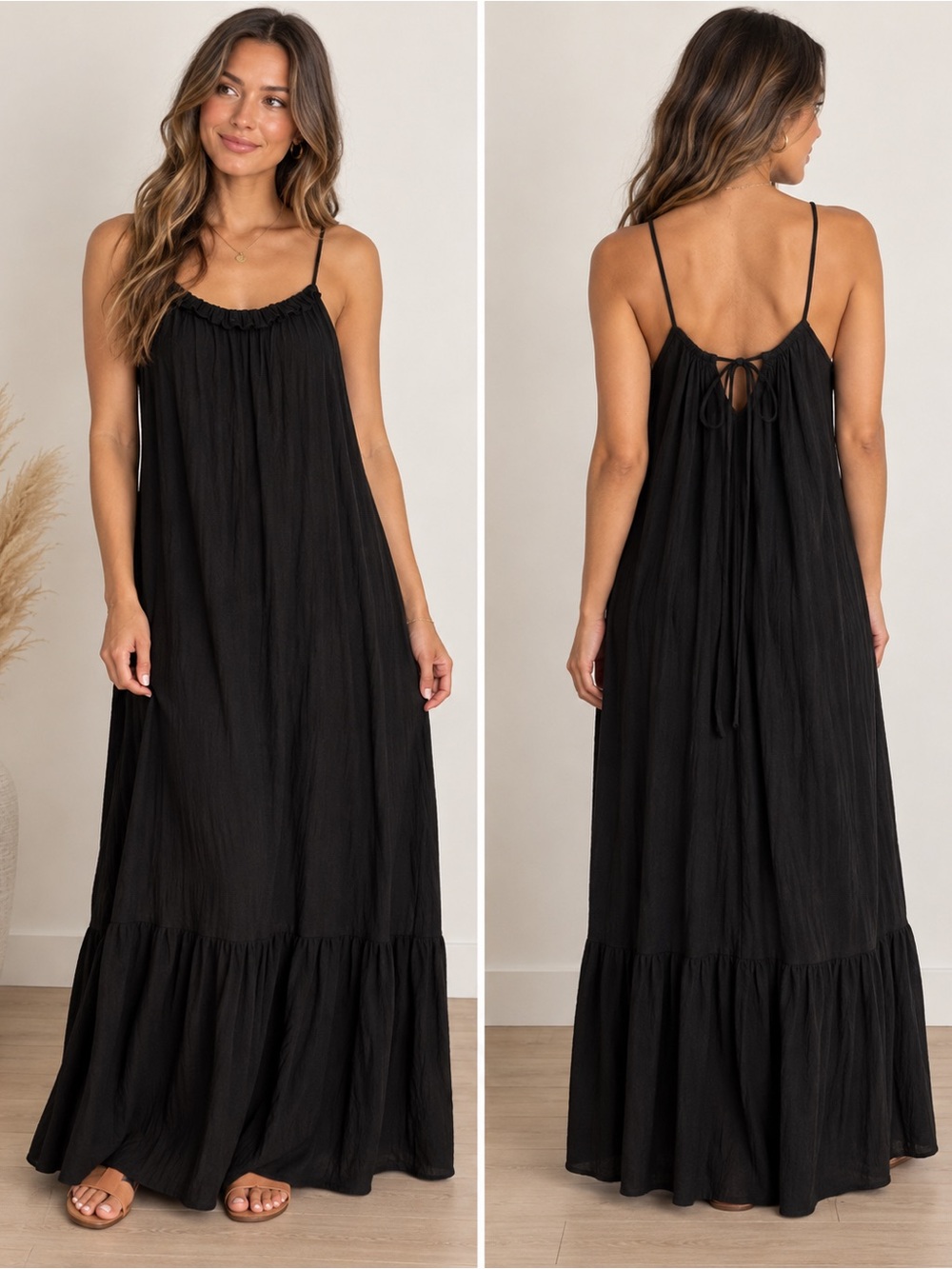 Z Supply Black Spaghetti-Strap Tiered Maxi Dress